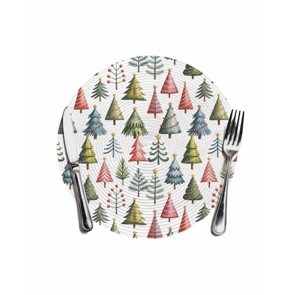 Pine Trees Pattern Round Table Placemats 1 pc, Winter Christmas Washable Woven Place Mats for Dining Tables Kitchen Party Decor,Heat Proof, 13in, White