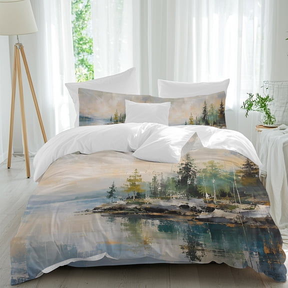 Pine Trees Queen Duvet Cover Set, Rustic Green Blue Forest Shore Wilderness Landscape 4 Piece Microfiber Bedding Set with Zipper Closure, Bed Sheet and 2 Pillow Shams, Soft Bedding Cover