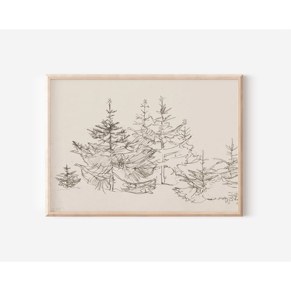 Pine Trees Sketch Drawing Minimalist Print Vintage Winter Wall, Unframed Poster