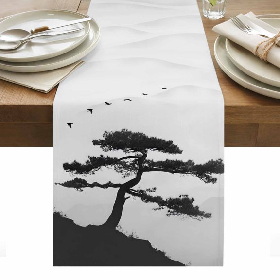 Pine Trees Table Runner Modern Nature Foreset Mountains Birds Tablerunners 13 x 108 Inch, Table Decorations Tabletop Scarf for Summer Gathering Holiday Farmhouse Kitchen Dining Decor