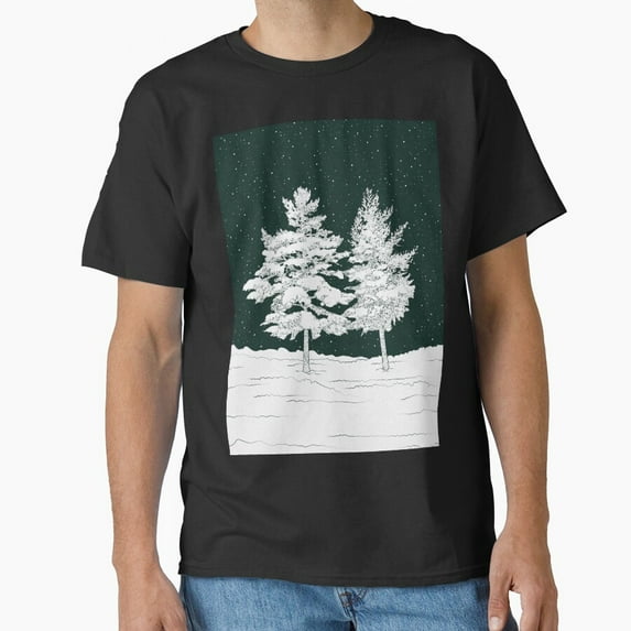 Pine Trees Winter Landscape Natural Seasonal Scenic Artwork Unisex T-Shirt, up to size 5XL