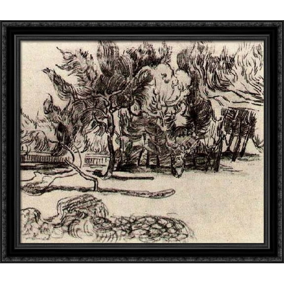 Pine Trees near the Wall of the Asylum 28x36 Large Black Ornate Wood Framed Canvas Art by Vincent van Gogh
