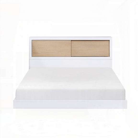 Pine Veneer & Wood Bookcase Headboard | 2-Tone White-Natural | Sliding Door | 1pc