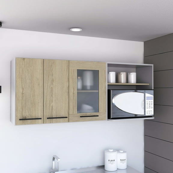 Pine Wall Cabinet With Double Door And Clear Glass, Functional Kitchen Storage Option, Easy Assembly, 15.39" D X 59.34" W 23.85" H, 77.12 Lbs, Beige Glass Panels, Practical Assembly Required, Depth