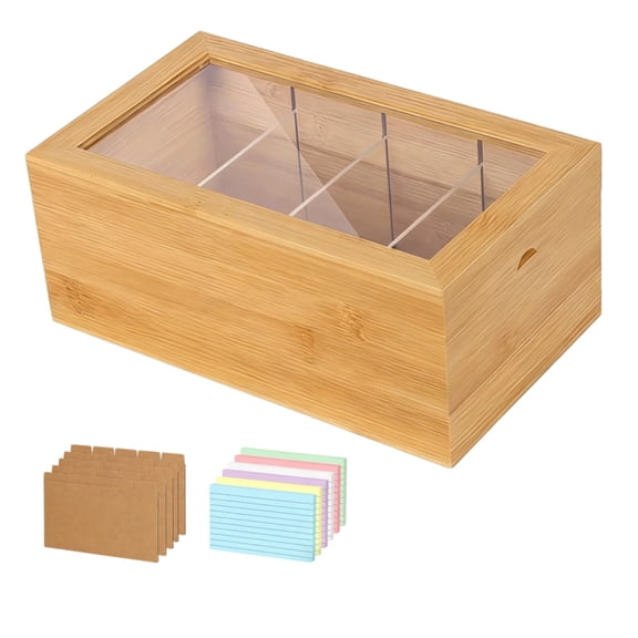 Pine Wood 3x5 Indexes Card Holder with Clear Cover, Desk Organizer Storage Box 10 x 5.9 x 4 in, 4-Section Flip-Top Design for Recipe Cards, Business Notes, Office Supplies
