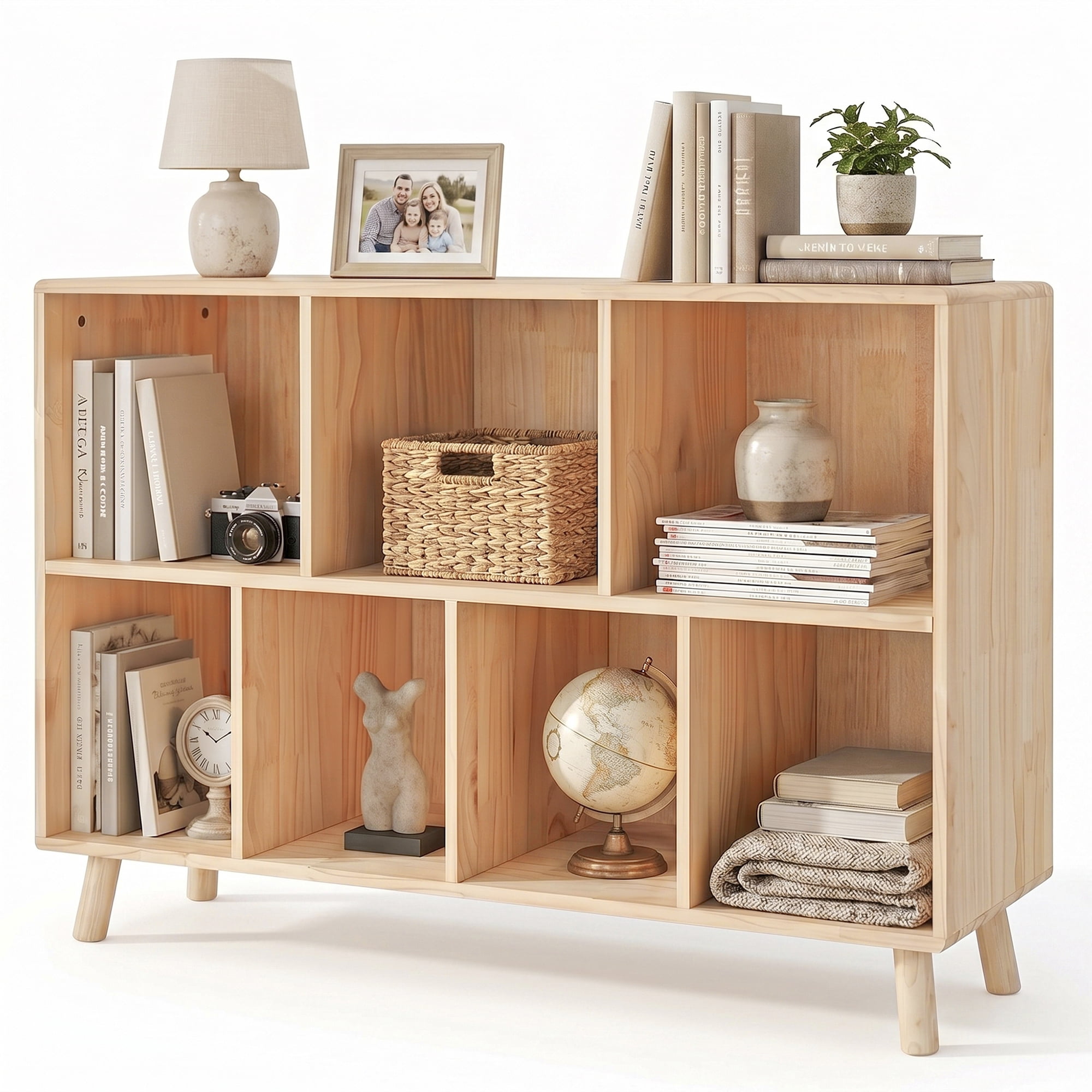 Pine Wood 7 Cube Bookshelf, 45.0"L x 28.5" H Storage Organizer for Books/Toys/Home, Modern Wooden Bookcase for Home/Office