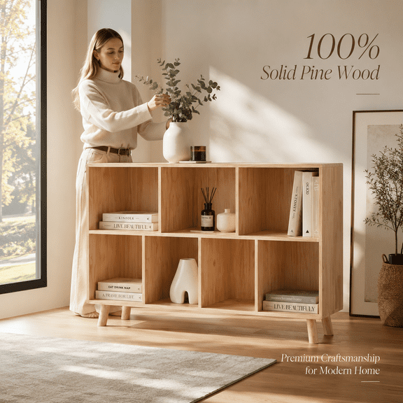 Pine Wood 7-Cube Bookshelf, Natural Wood Storage Organizer, 45