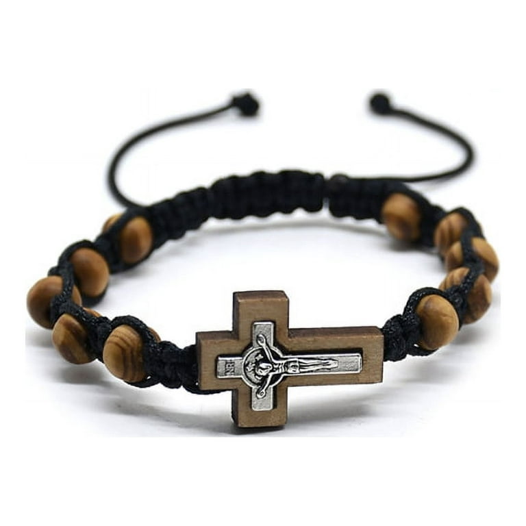 Pine Wood Beads Cross Rosary Bracelet on Adjustable Cord Alloy Hemp Cords  Pine Bead Weaving Chinese Knot Rosary Bracelet 