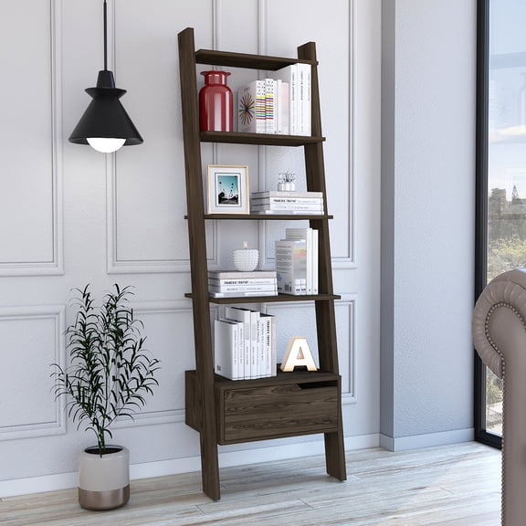 Pine Wood Bookcase, 5 Open Shelves & Drawer / Office Storage for Objects