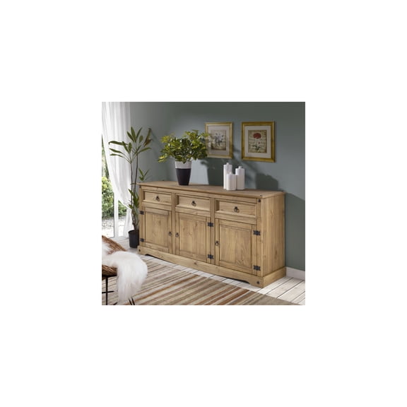 Pine Wood Buffet Sideboard - 3 Drawer Kitchen Cabinet - Honey Brown Finish