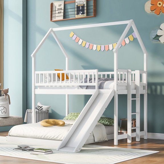 Pine Wood Bunk Bed | Slide and Built-in Ladder | Durable for Long-time Use