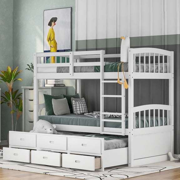 Pine Wood Bunk Bed with Trundle / Converts to Captain Bed and Single Bed / Sleepover Solution