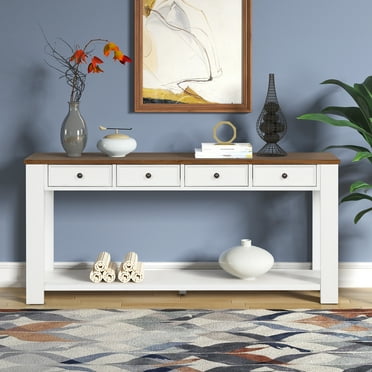 Pine Wood Console Table, 63 inch Long Sofa Table with 4 Drawers and 1 Bottom Shelf for Entryway Hallway Easy Assembly (Antique White+ Brown Top)