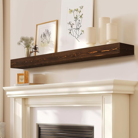 Pine Wood Floating Shelf, 48 Inch Wall Mounted Mantel, 3 Inch Thick Country Style Shelf, Brown, 48x3x8-hollow / Brown