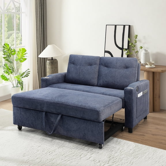 Pine Wood Frame Loveseat | 3-in-1 Function for Seating and Sleeping | Comfortable Cushion Back and USB Charging