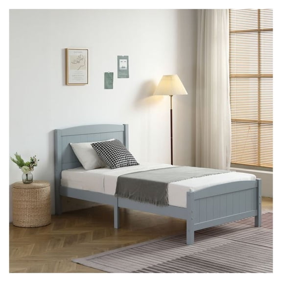 Pine Wood Full Bed Frame, Grey Vertical Stripe Design, Curved Headboard & Footboard, Solid Wood Platform Bed, Modern Bedroom Furniture