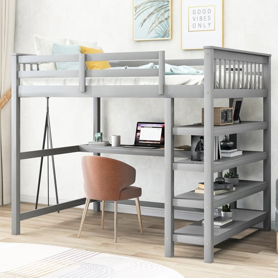 Pine Wood Full Size Loft Bed with Ladder Shelves / Spacious Workspace in Bedroom