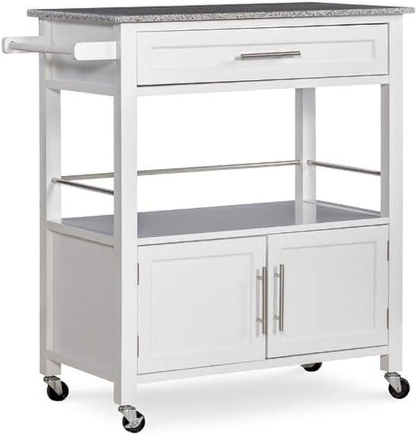 Pine Wood Granite Top Rolling Microwave Kitchen Island Cart with Ample Storage in White