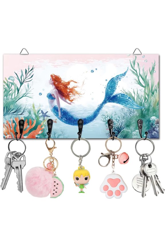Pine Wood & Iron Wall Mounted Hook Hangers Decorative Organizer Rack Mermaid 130x240x10mm
