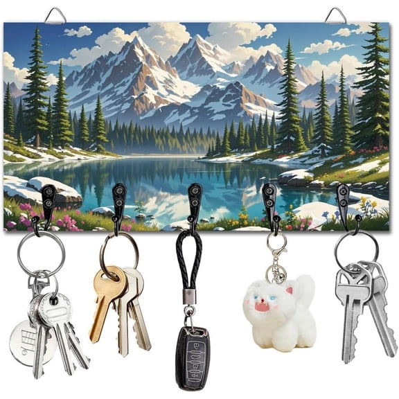 Pine Wood & Iron Wall Mounted Hooks Hangers Decorative Organizer Rack Mountain 130x240x10mm