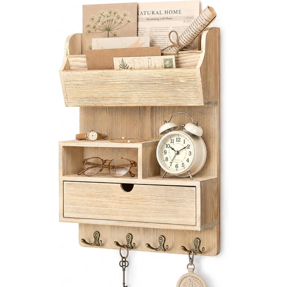 Pine Wood Key Holder Wall Mount with Drawer, NaturalWood | Farmhouse Mail and Key Organizer, 4 Key Hooks, Mail Sorter for Letters, Keep Small Essentials Tidy, Add Retro Entryway Charm