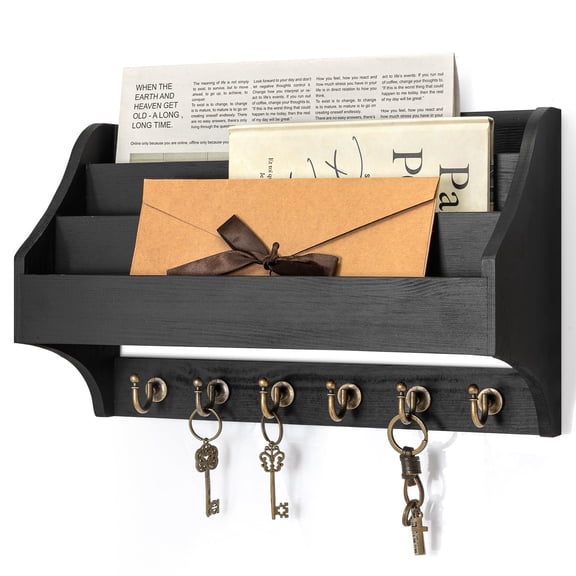Pine Wood Key Holder Wall Mount - Hanging Mail Holder for Wall with Key Hooks & 3-Tire Letter Slot - Multifunctional File Organizer for Home and Office Decor (Brown)
