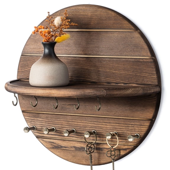 Pine Wood Key Holder Wall Mount  Rustic Wooden Key Hooks for Wall with Shelf  Decorative Mail Organizer, Coat Rack & Dog Leash Holder for Home Decor, Entryway and Living Room (Brown)