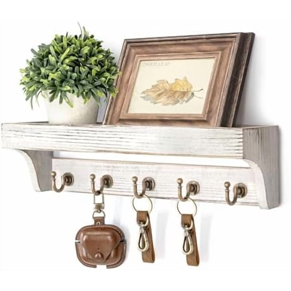Pine Wood Key Holder Wall Mount with Shelf for Farmhouse Decor - Rustic Wall Mail Organizer Wall Mounted for Living Room Decor - Perfect Mail Organizer for Home Improvement (Whitewash)