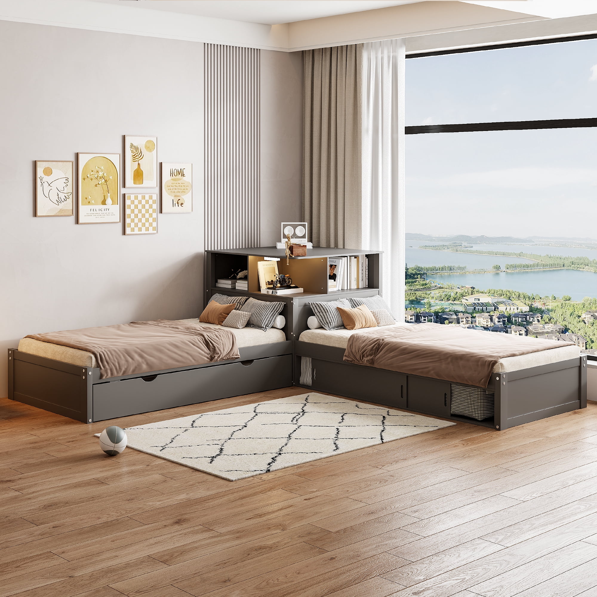 Euroco Pine Wood L-Shaped Twin Platform Bed with Storage Desk, Cabinets, Trundle and LED Light for Kids Teens, Gray