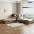 thumbnail image 1 of Euroco Pine Wood L-Shaped Twin Platform Bed with Storage Desk, Cabinets, Trundle and LED Light for Kids Teens, Gray, 1 of 16