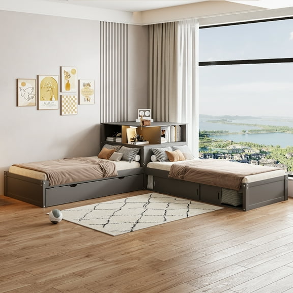 Euroco Pine Wood L-Shaped Twin Platform Bed with Storage Desk, Cabinets, Trundle and LED Light for Kids Teens, Gray