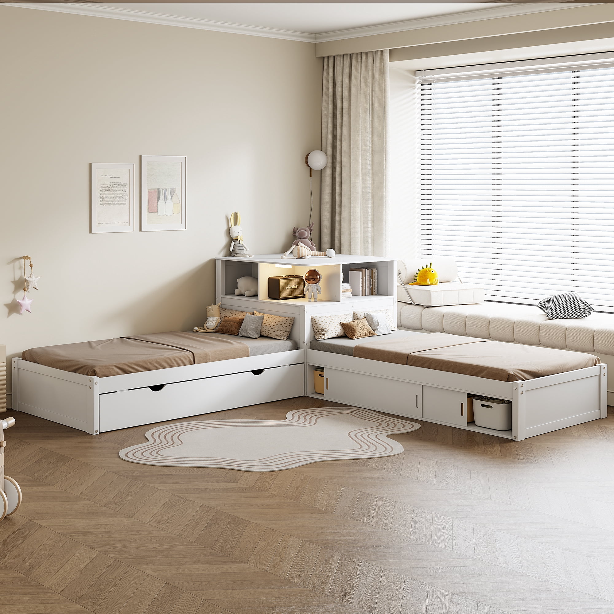 Euroco Pine Wood L-Shaped Twin Platform Bed with Storage Desk, Cabinets, Trundle and LED Light for Kids Teens, White