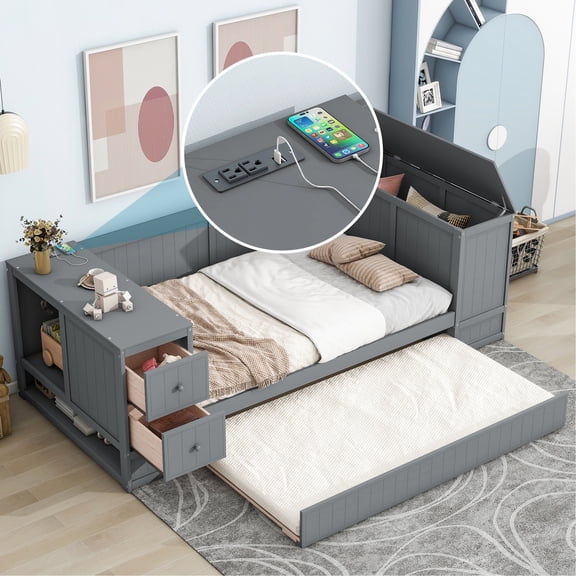 Pine Wood + MDF Daybed, Multi - storage Design - Provide Ample Space for Small Items