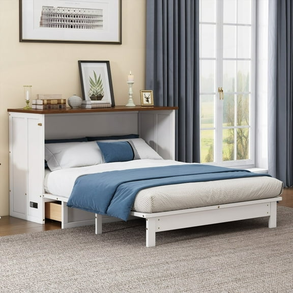 Pine Wood Murphy Bed Chest Featuring Charging Station and Big Storage Drawer, Queen, White+Walnut