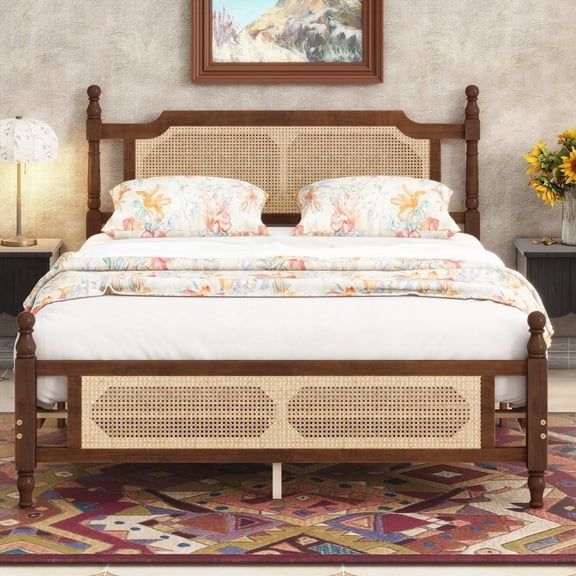 Walnut Queen Pine Bed Having Rattan Headboard & Footboard, Central Support Platform