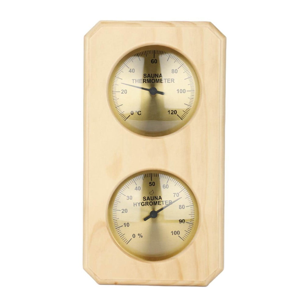 Pine Wood Sauna Thermometer Hygrometer 2 in 1 Wall Mounted Temperature Humidity Meter With Metal Construction For Steam Room Indoor 0-120℃ Measurement Range
