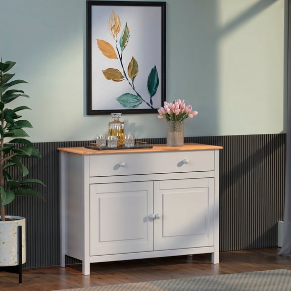 Pine Wood Sideboard & Buffet: 43.89" Wide with 2 Doors and 1 Drawer White & Pine- From the Tree Furniture