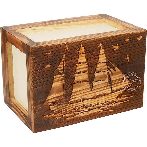 Pine Wood Top Engraved Wooden Cremation Urns for Human Ashes Adult - Handcrafted Funeral Memorial Ashes Urn - Large Columbarium Urn (Yatch, 250 LBS)