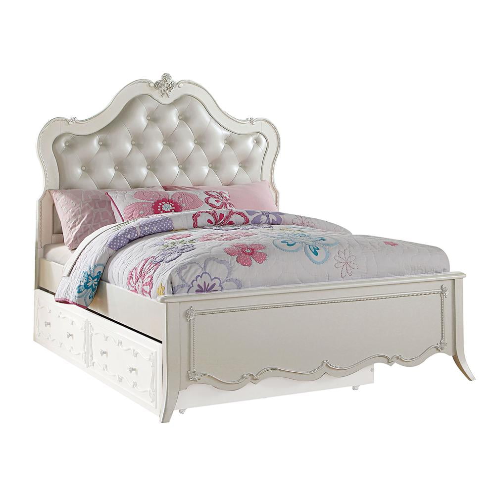 Pearl White Twin Upholstered Bed with Storage and Tufted Headboard