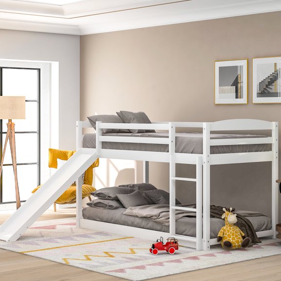 Pine Wood Twin over Twin Bunk Bed with Slide / Increase Sleeping Capacity for Guests