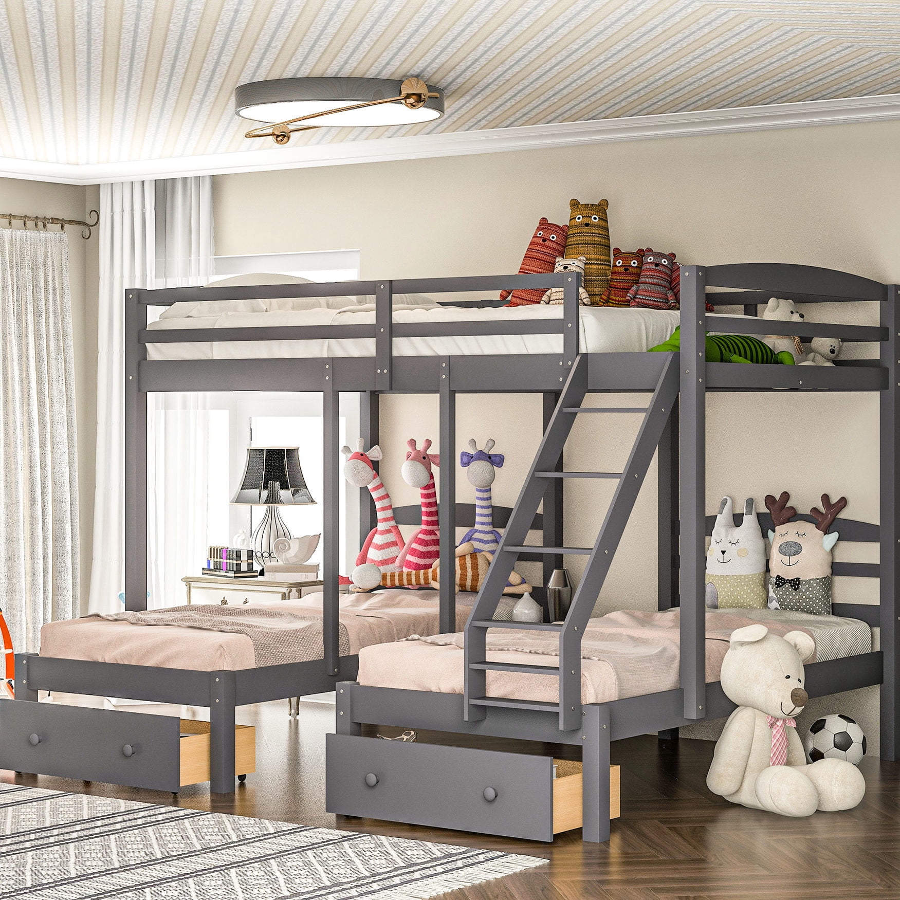 Pine Wood and MDF Material - Space - saving Triple Bunk Bed Design