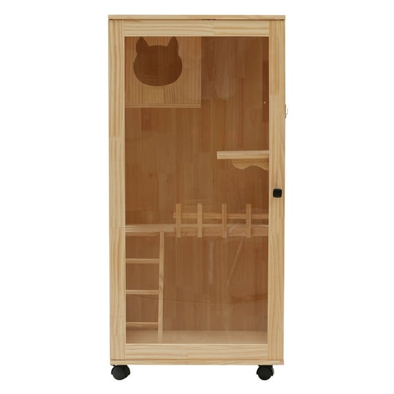Pine Wooden Cat House Oversized Cat Villa on Wheels Cat Enclosure Catio Cage with Ramp and Covered Cat House Kit Luxury Multi-Feature Cat Condo with Cat Scratching Posts for Outdoor and Indoor Cats