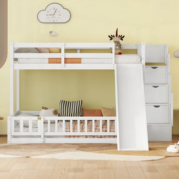 [Full Size Solid Wooden High-Rise Bed with Storage Staircase, No Box Spring, White, Bedroom]