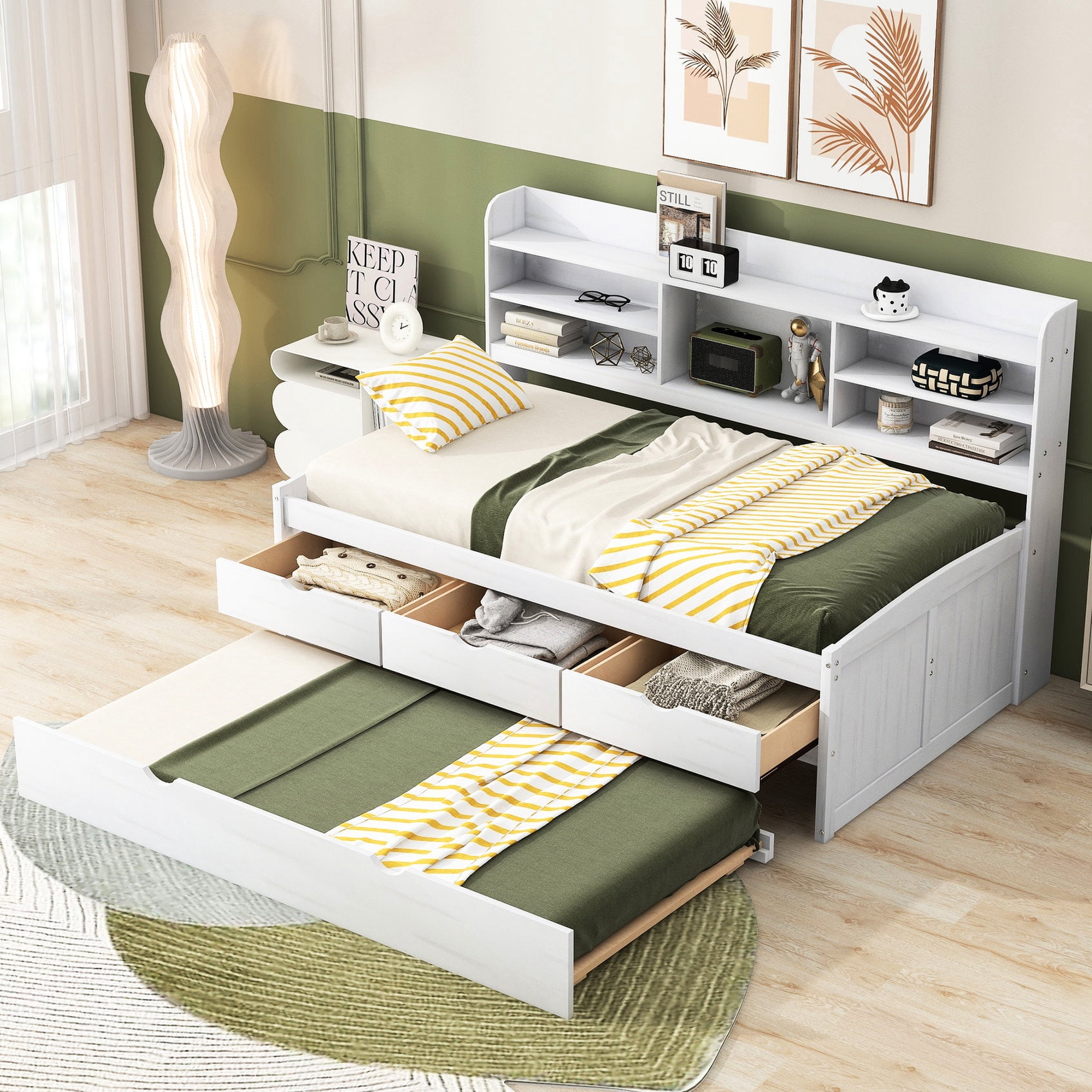 Four Compartment Pine and MDF bed | Four side compartments and trundle for flexibility ...