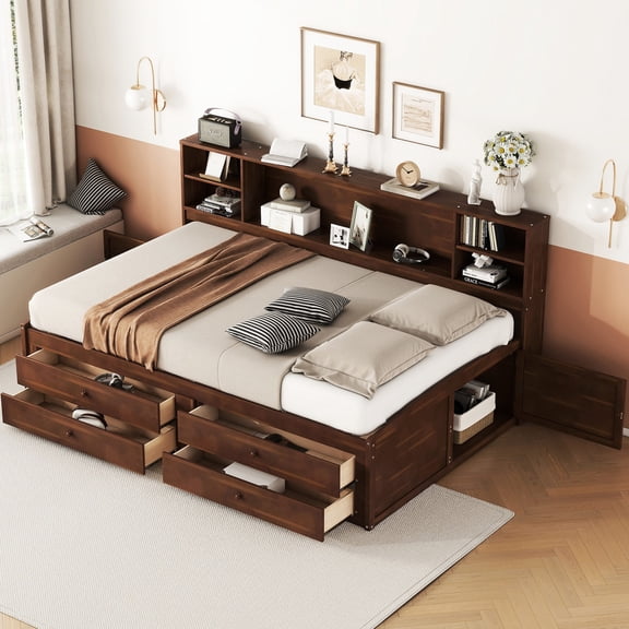 Pine and MDF full bed with multiple storage options | For bedroom, extend storage space effectively