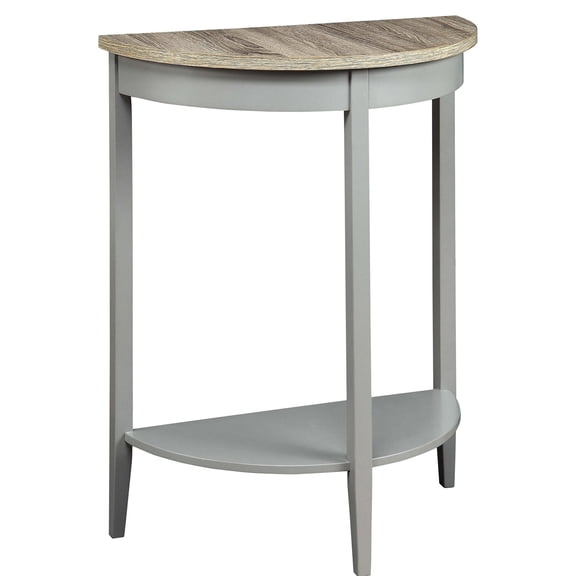 Pine console table in grey oak and grey with half - moon shape for entryway creating a charming and organized space