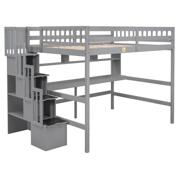 Pine full size grey loft bed with wide staircase - Provide spacious steps for safe access