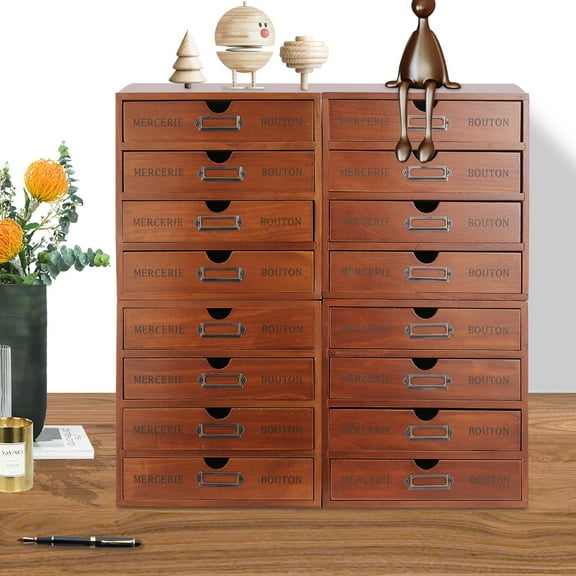 Pine wood desk apothecary cabinet, vintage style with 16 large drawers, set of 4 organizers, stackable, space-saving, perfect for storing jewelry, cosmetics, and office supplies