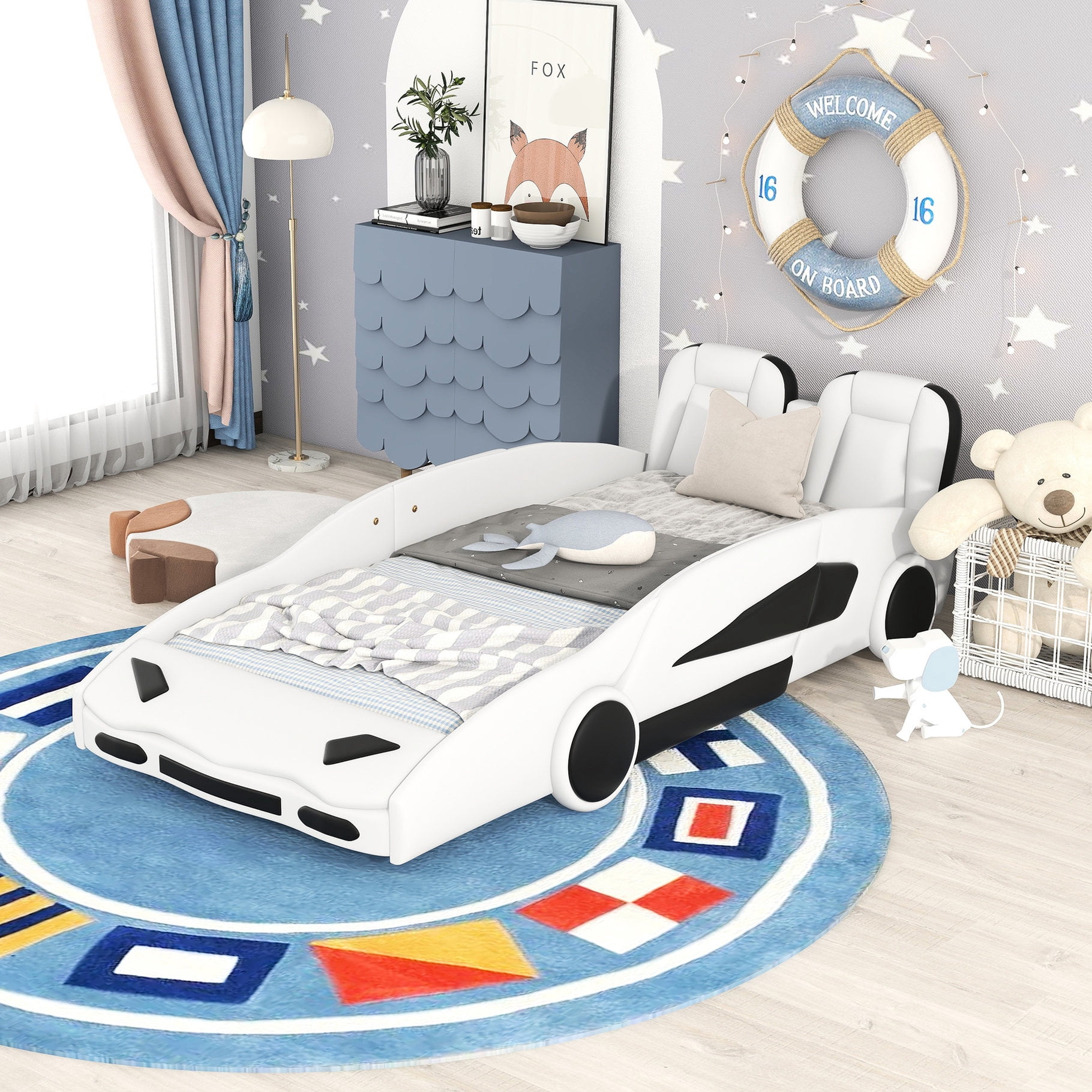 Pine wood twin race car bed, white in color | Offers a strong and safe ...