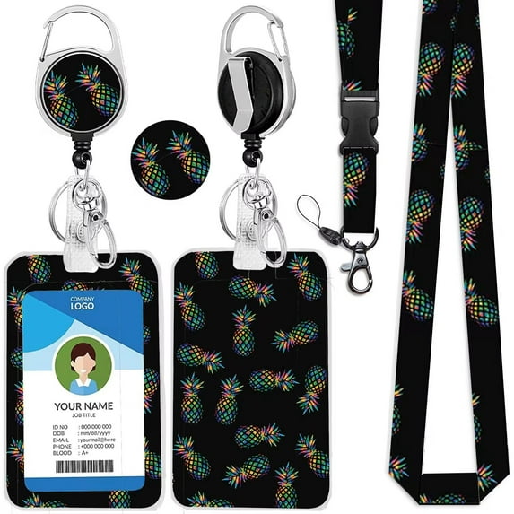 Pineapple ID Badge Holder with Lanyard Keychain, Retractable Badge Reel with Carabiner Clip, Detachable Lanyard Name Card Tag Vertical ID Protector Badge Reel for Nurse Doctor Office